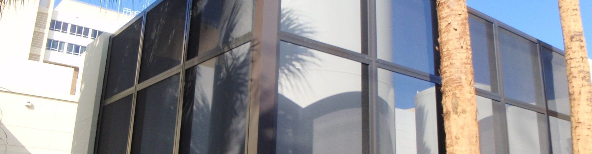 A building with glass windows and a palm tree in front of it.